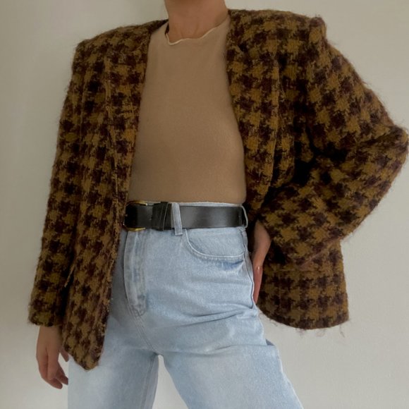 Vintage Plum & Ochre Wool Houndstooth Coat - Picture 5 of 7